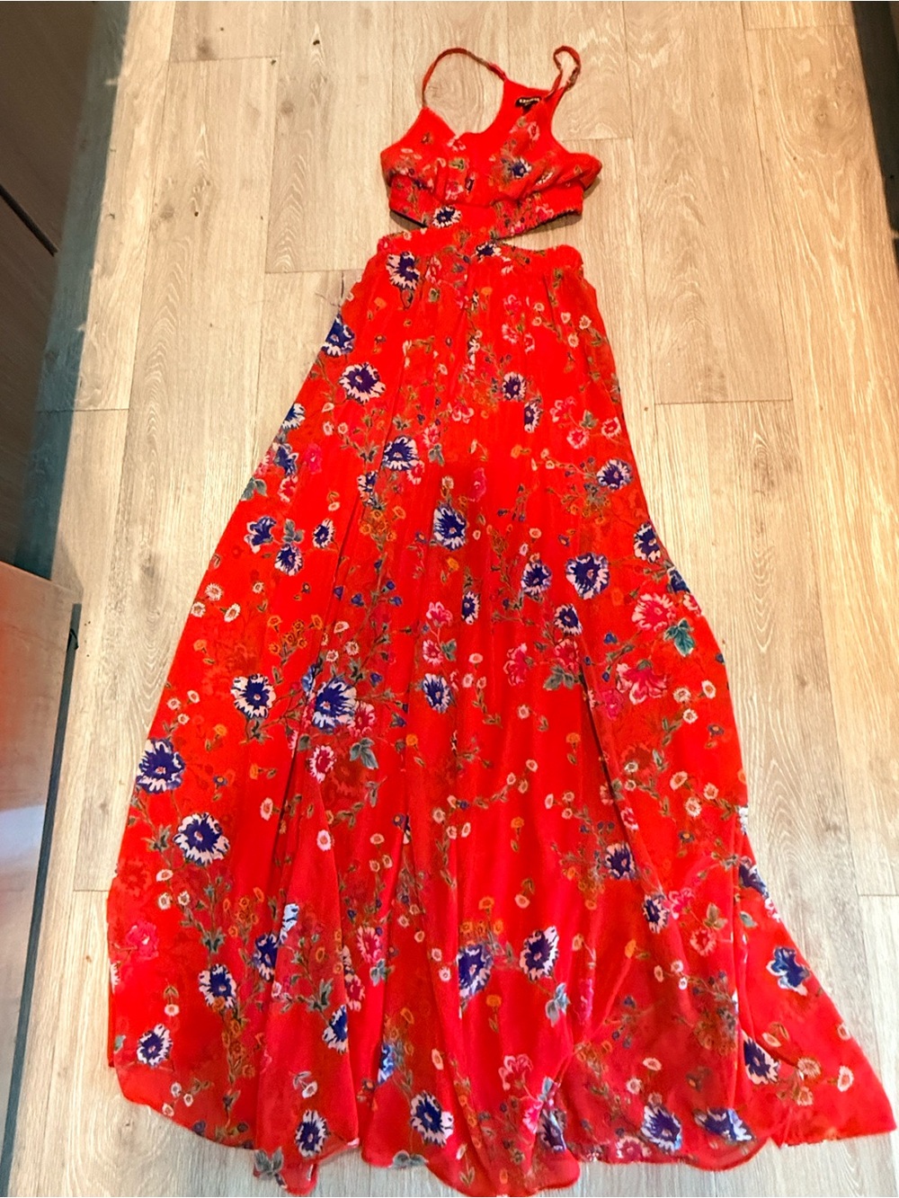 Express Red Floral Midi Dress with Blue and Pink Blooms